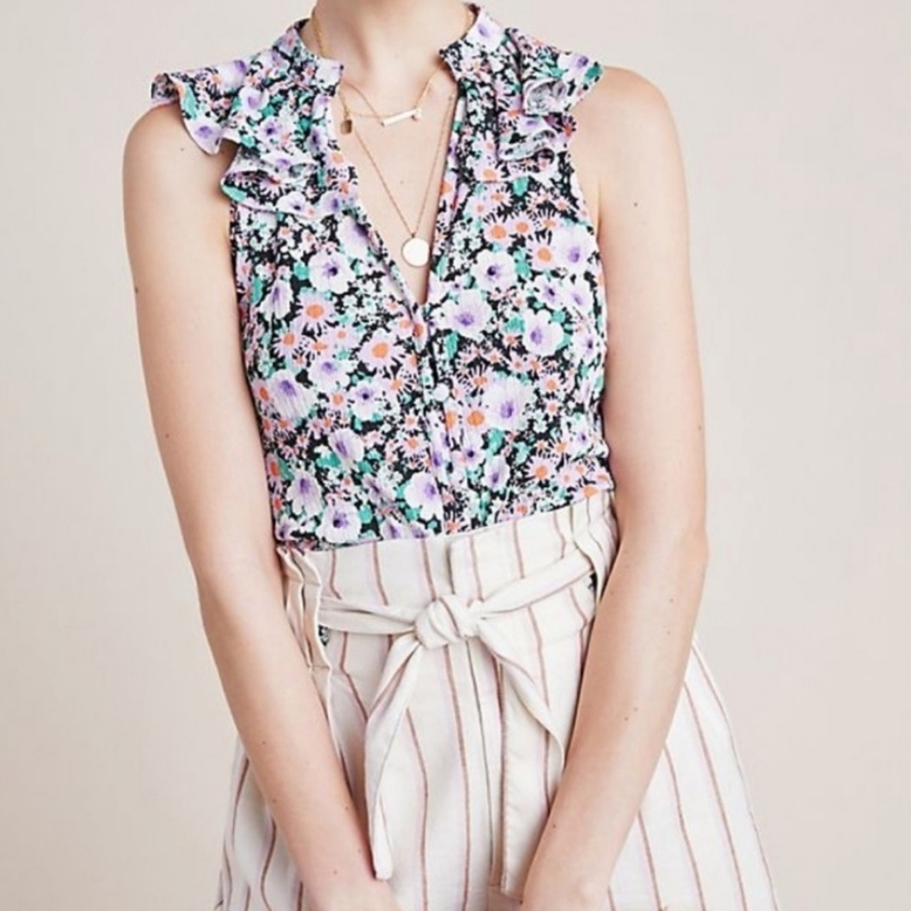 Anthropologie Flowered Top Purple & White XSmall